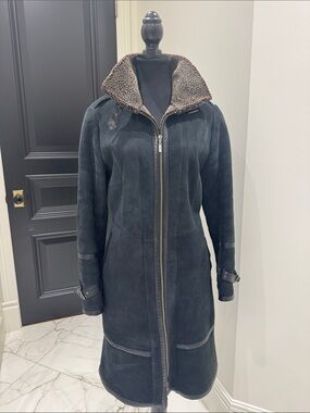 Cole Haan Dark Brown Suede Trench Coat with Shearling Collar